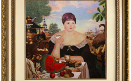 Картина вышитая по Кустодиеву Купчиха за чаем
